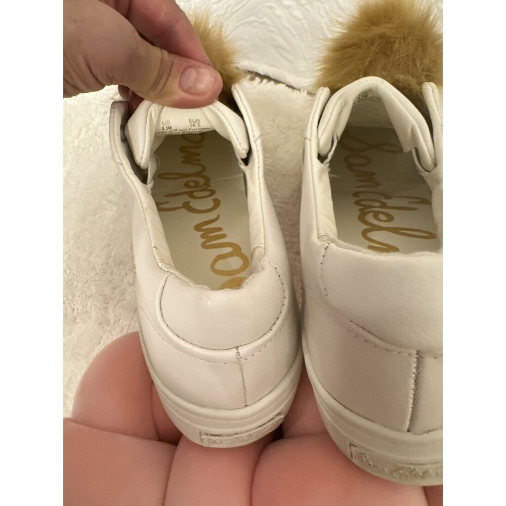 Sam Edelman Leya White Leather Tan Blush Faux Fur Pom Pom Sneaker Shoes Sz 8.5 - Picture 2 of 6